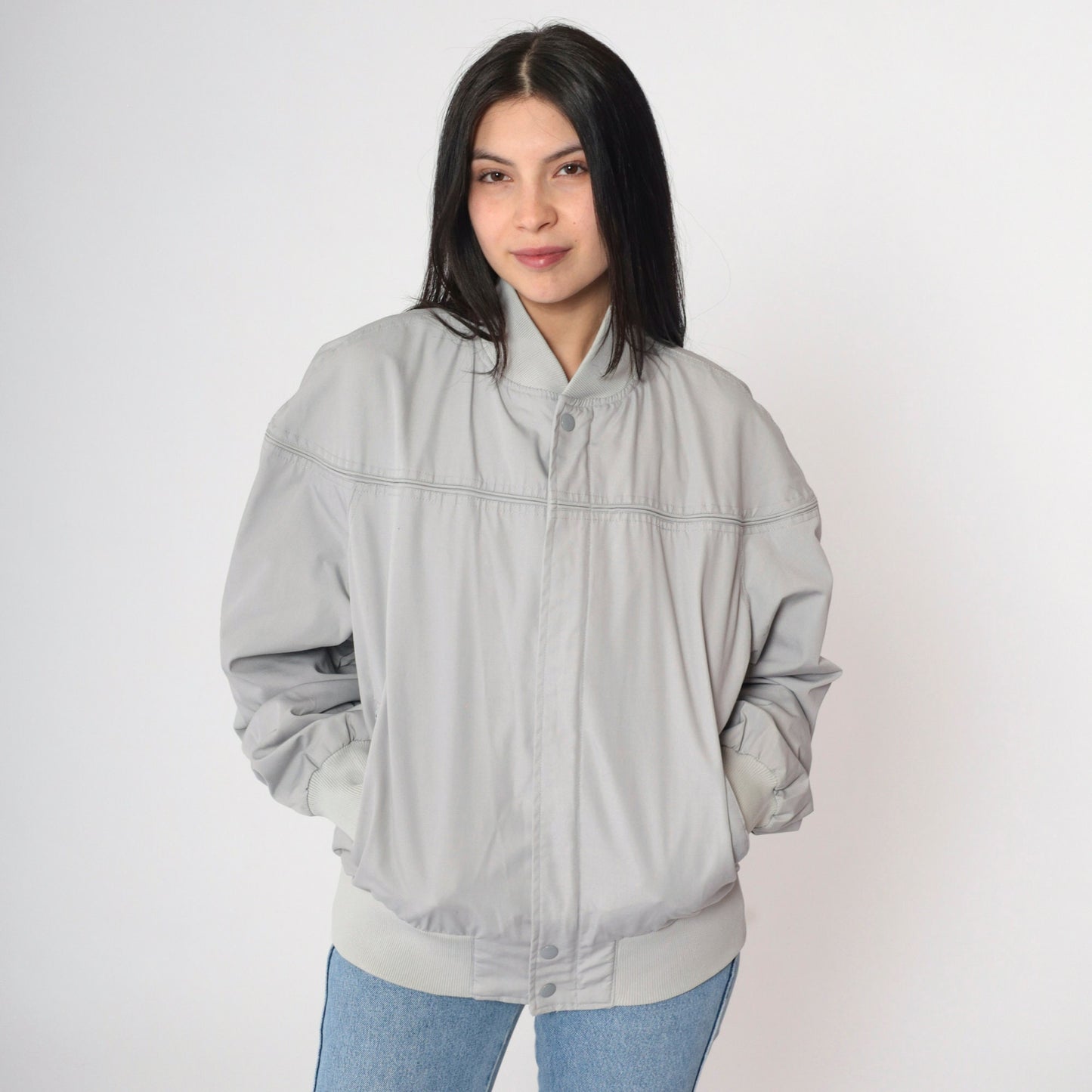 80s Grey Bomber Jacket Cafe Racer Windbreaker Vintage Moto Large