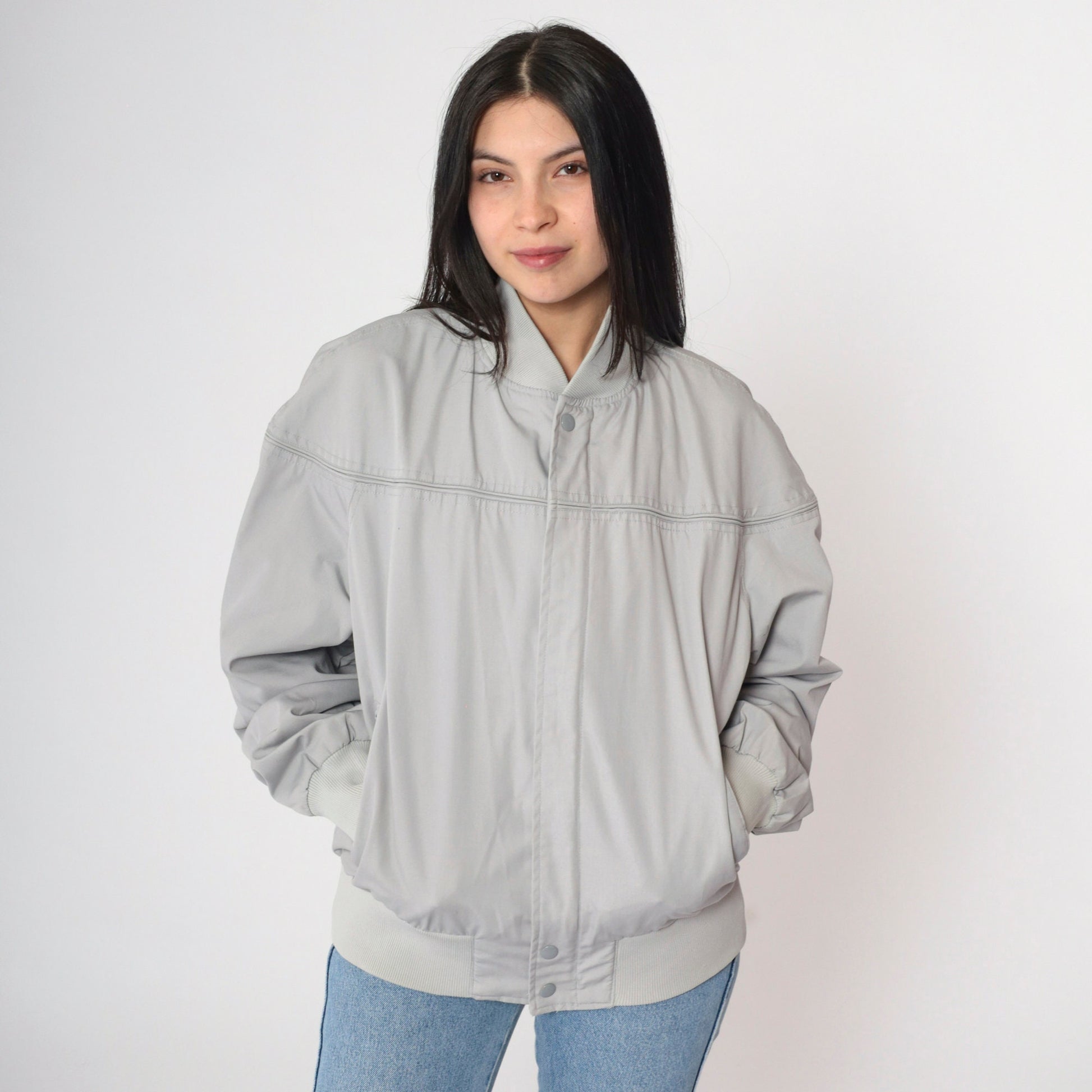 80s Grey Bomber Jacket Cafe Racer Windbreaker Vintage Moto Large