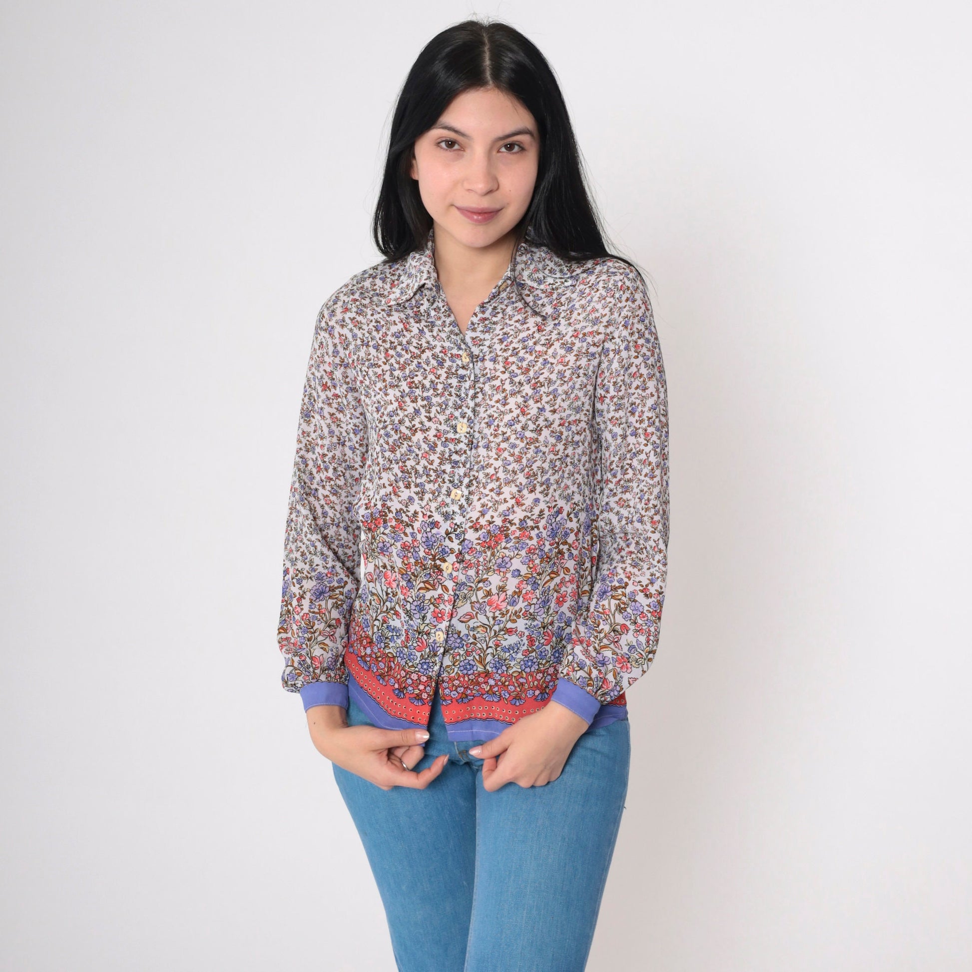 90s Floral Button-Up Blouse Long Sleeve Collared Shirt White Red Blue Extra Small