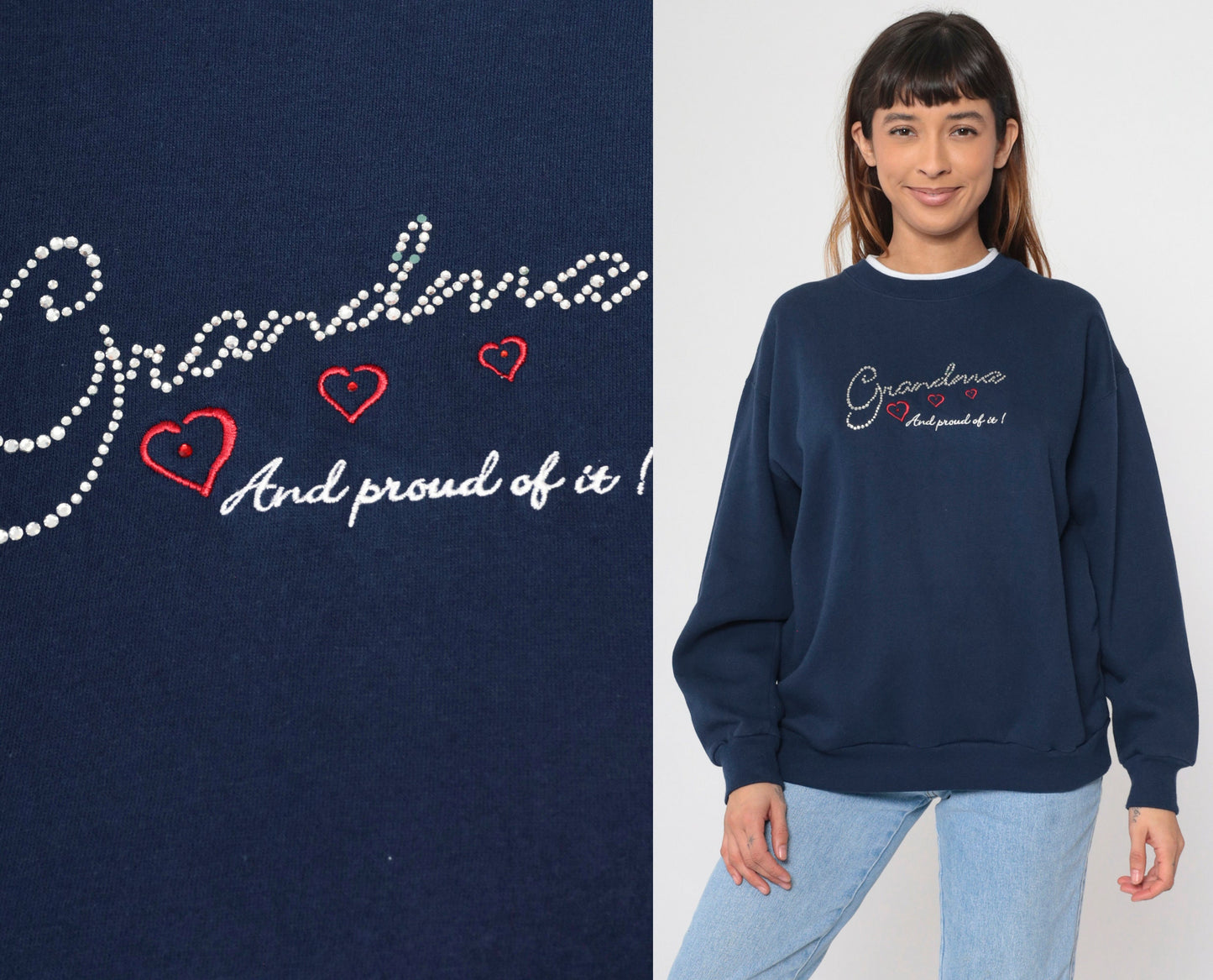 90s Grandma Rhinestone Navy Sweatshirt Embroidered Hearts Double Collar Large Petite