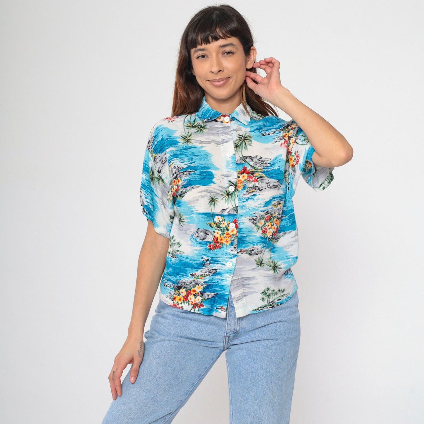 90s Hawaiian Shirt Palm Tree Tropical Print Blue Grey Button Up Medium