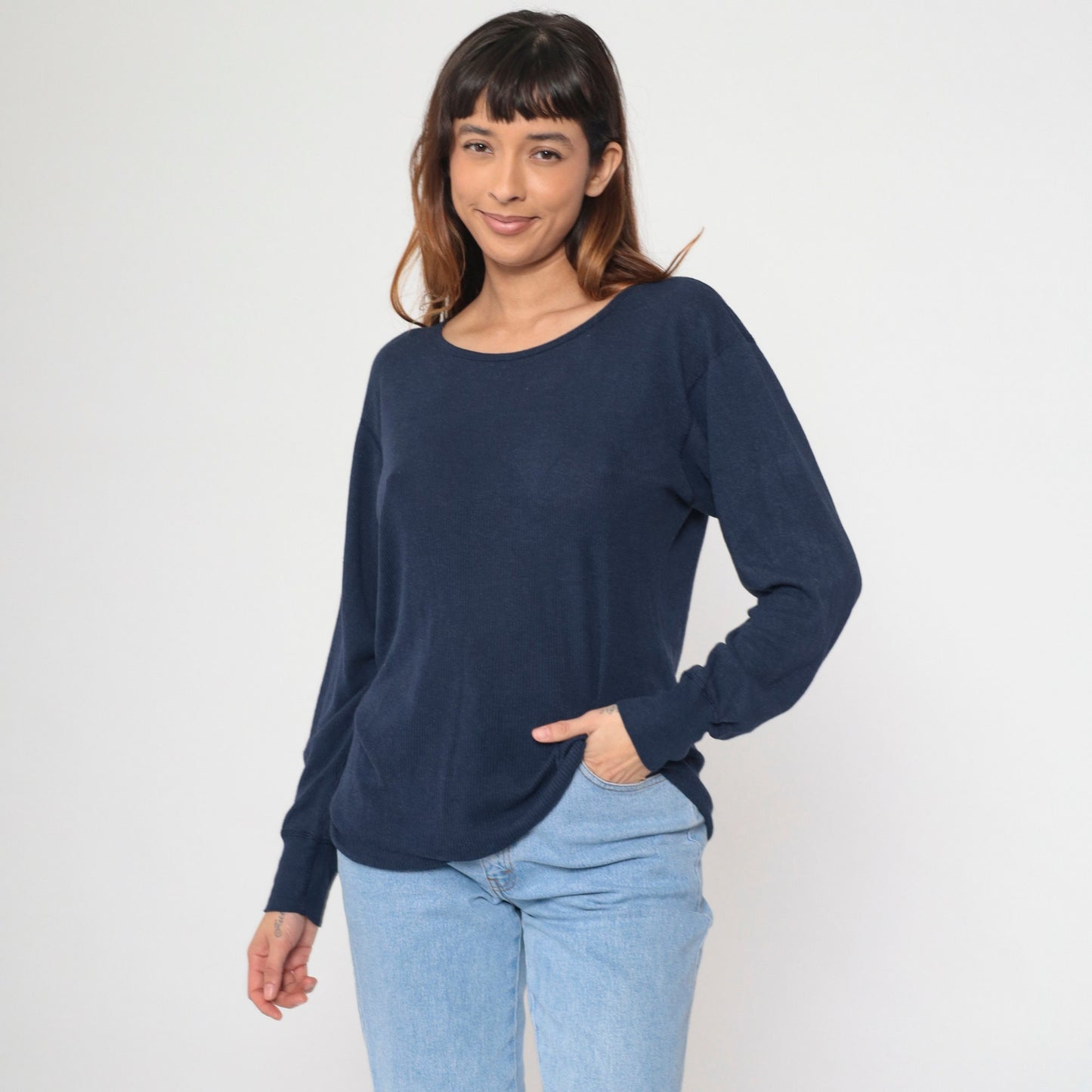 80s Navy Thermal Crewneck Long Sleeve Shirt Large