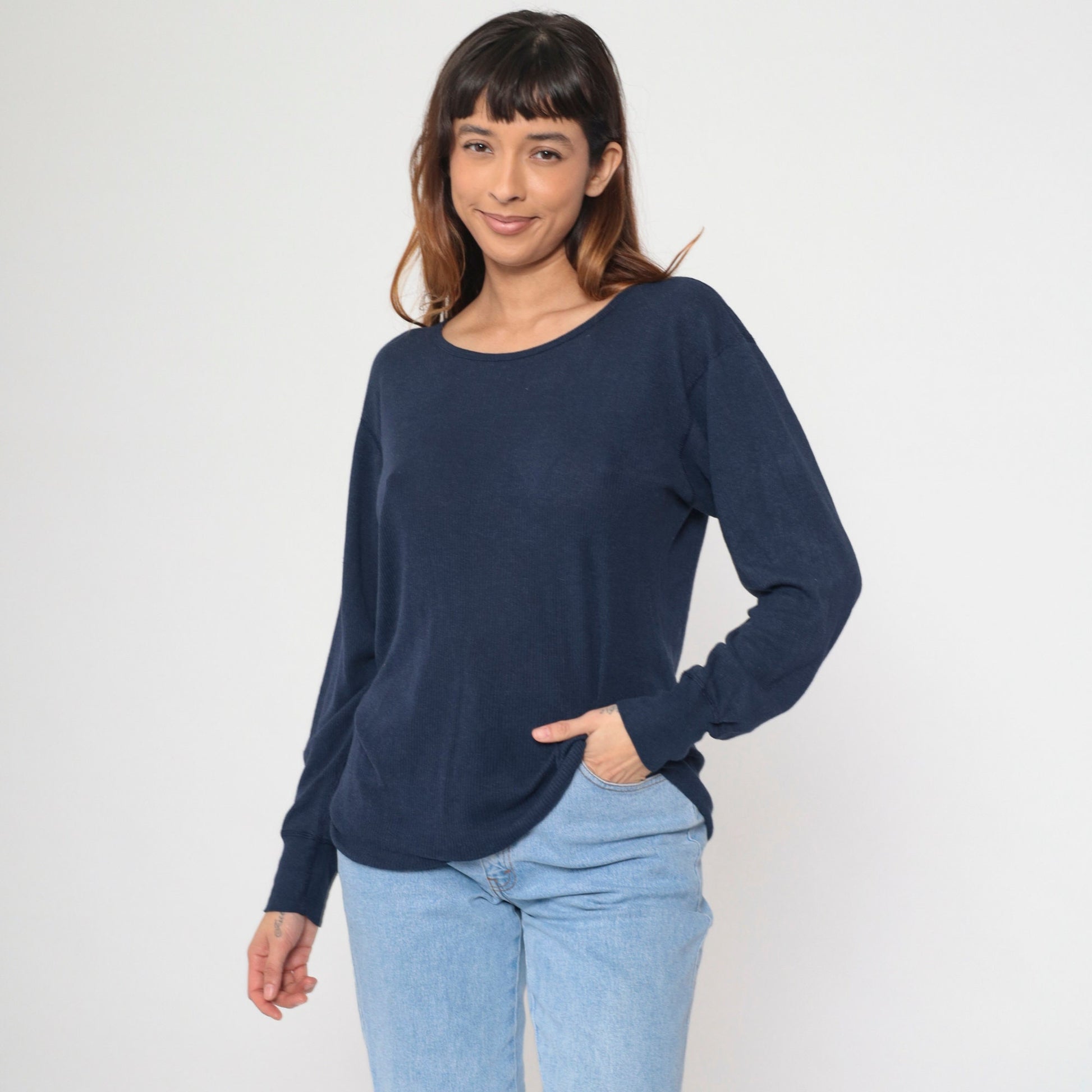 80s Navy Thermal Crewneck Long Sleeve Shirt Large