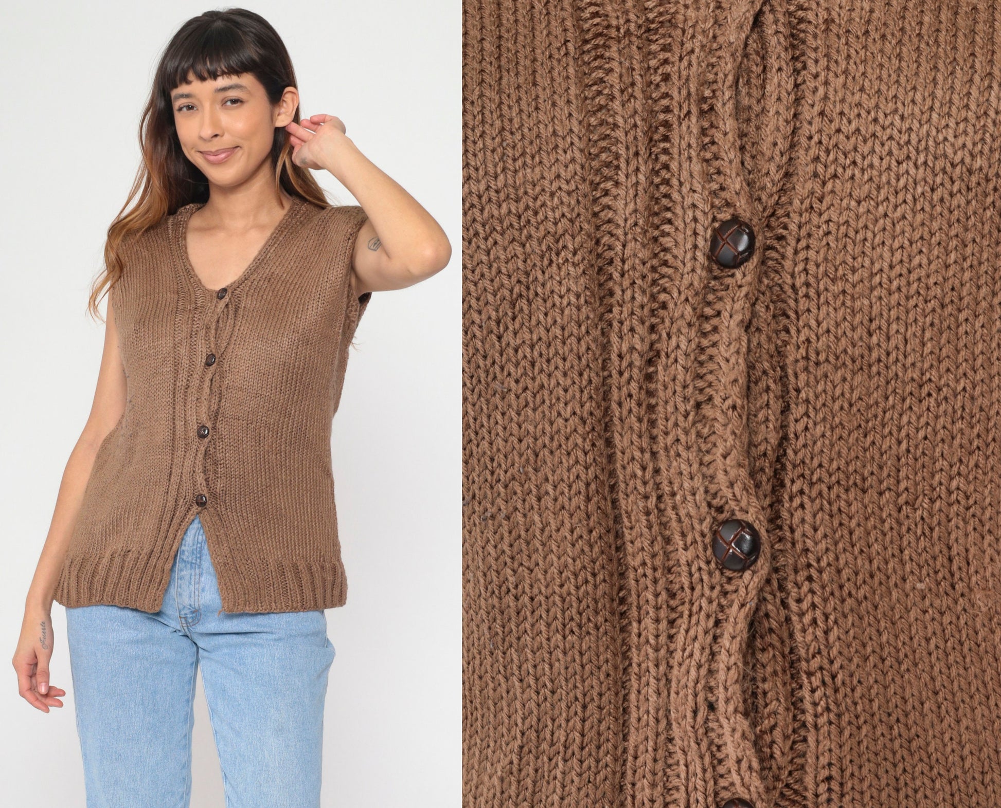 80s Brown Knit Button-Up Vest Medium M