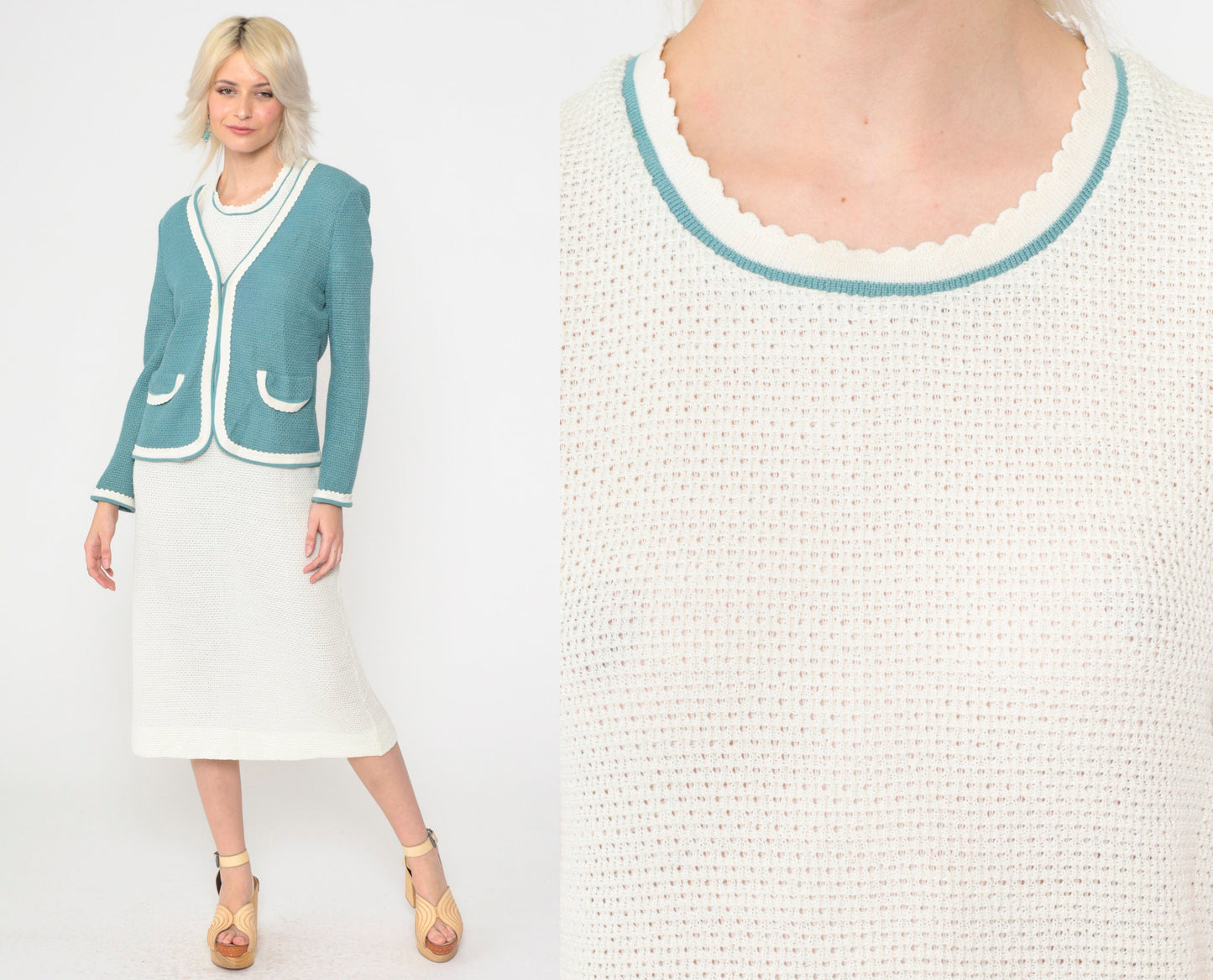 70s White Openwork Knit Midi Dress & Cardigan Set Teal Trim Small