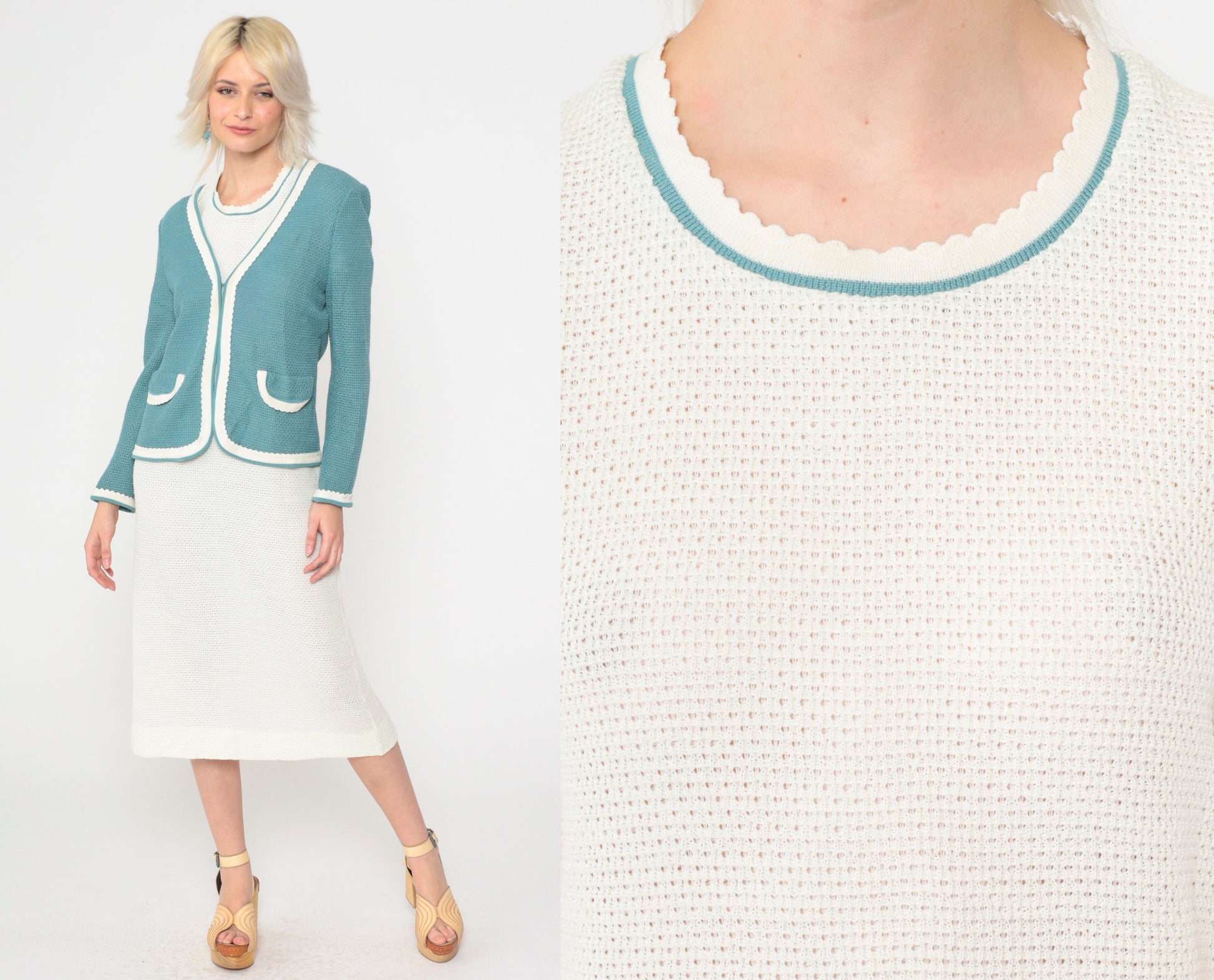 70s White Openwork Knit Midi Dress & Cardigan Set Teal Trim Small