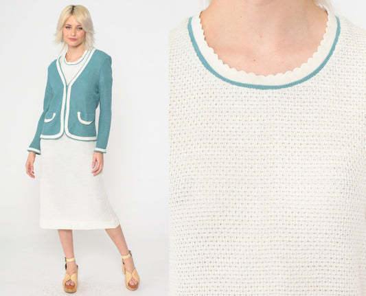 70s White Openwork Knit Midi Dress & Cardigan Set Teal Trim Small