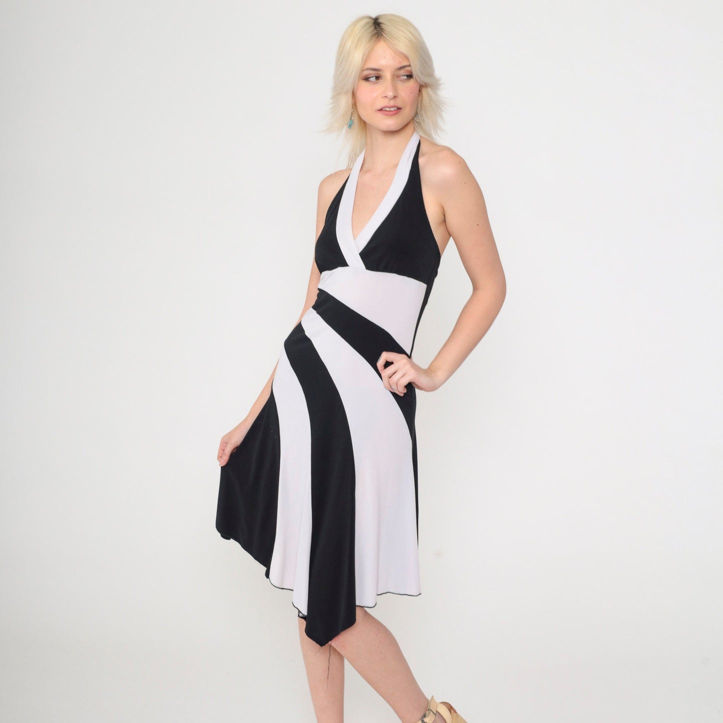 00s Black White Striped Halter Midi Dress Hanky Hem Sleeveless Small