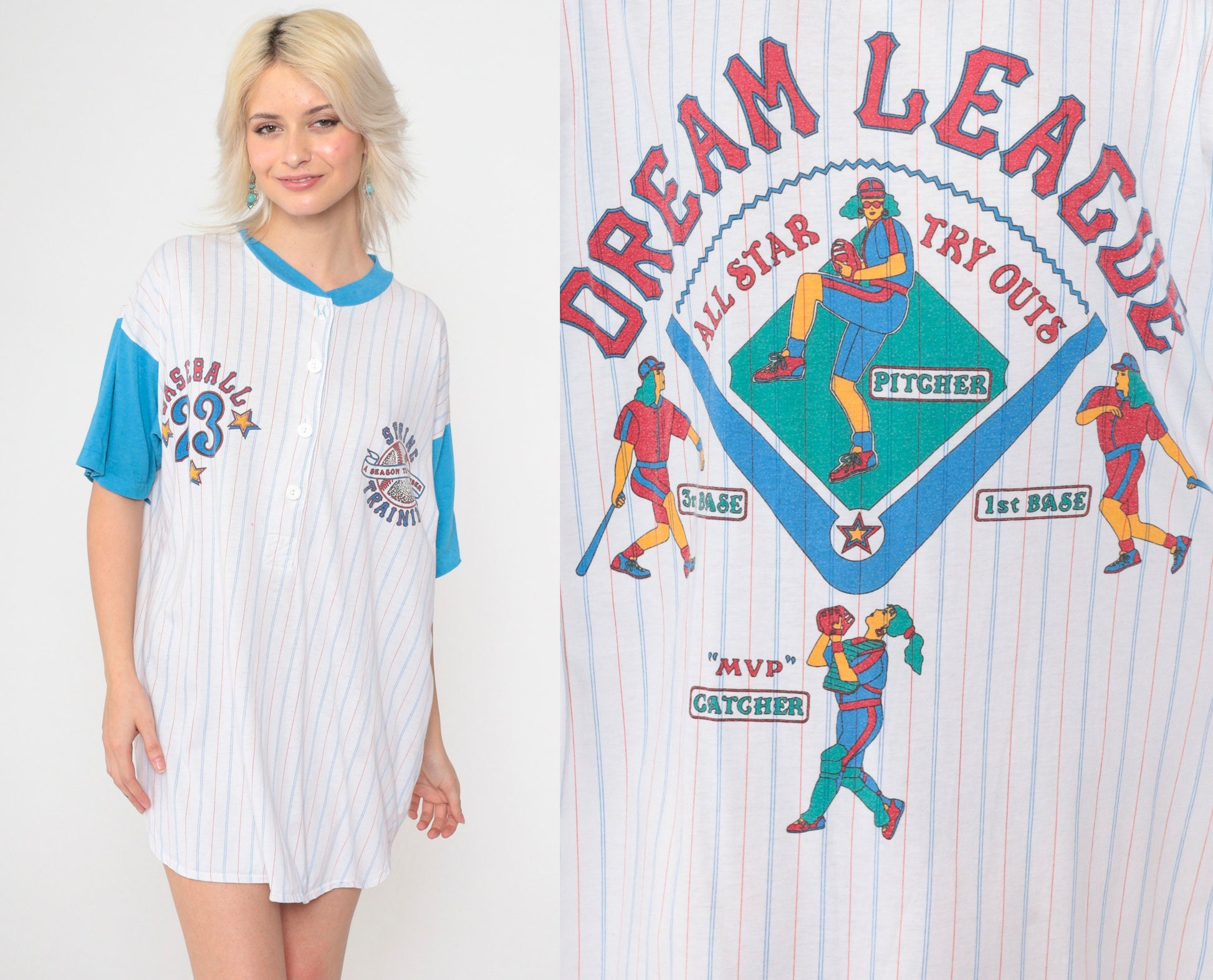 90s Baseball 23 Spring Training Pajama Dress White Mini Henley Small-Large