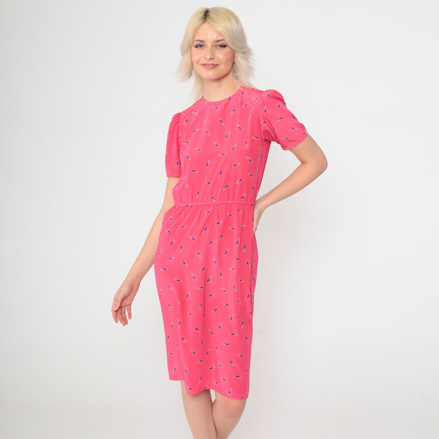 80s Leaf Print Midi Dress Bright Pink Puff Sleeve High Waist Button Back Extra Small