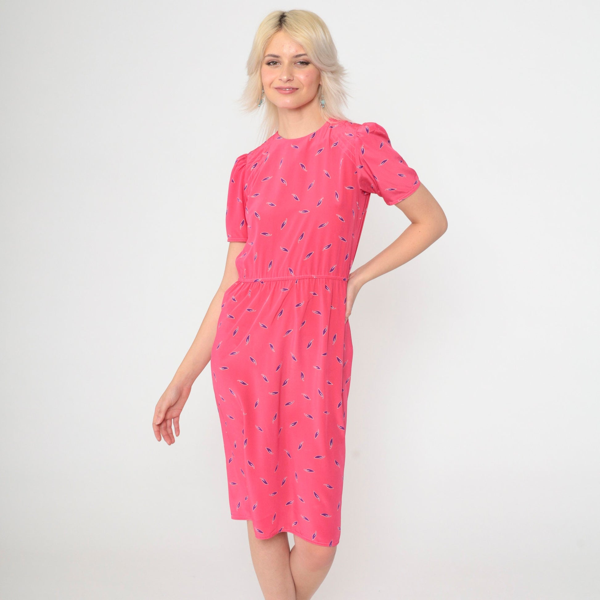 80s Leaf Print Midi Dress Bright Pink Puff Sleeve High Waist Button Back Extra Small