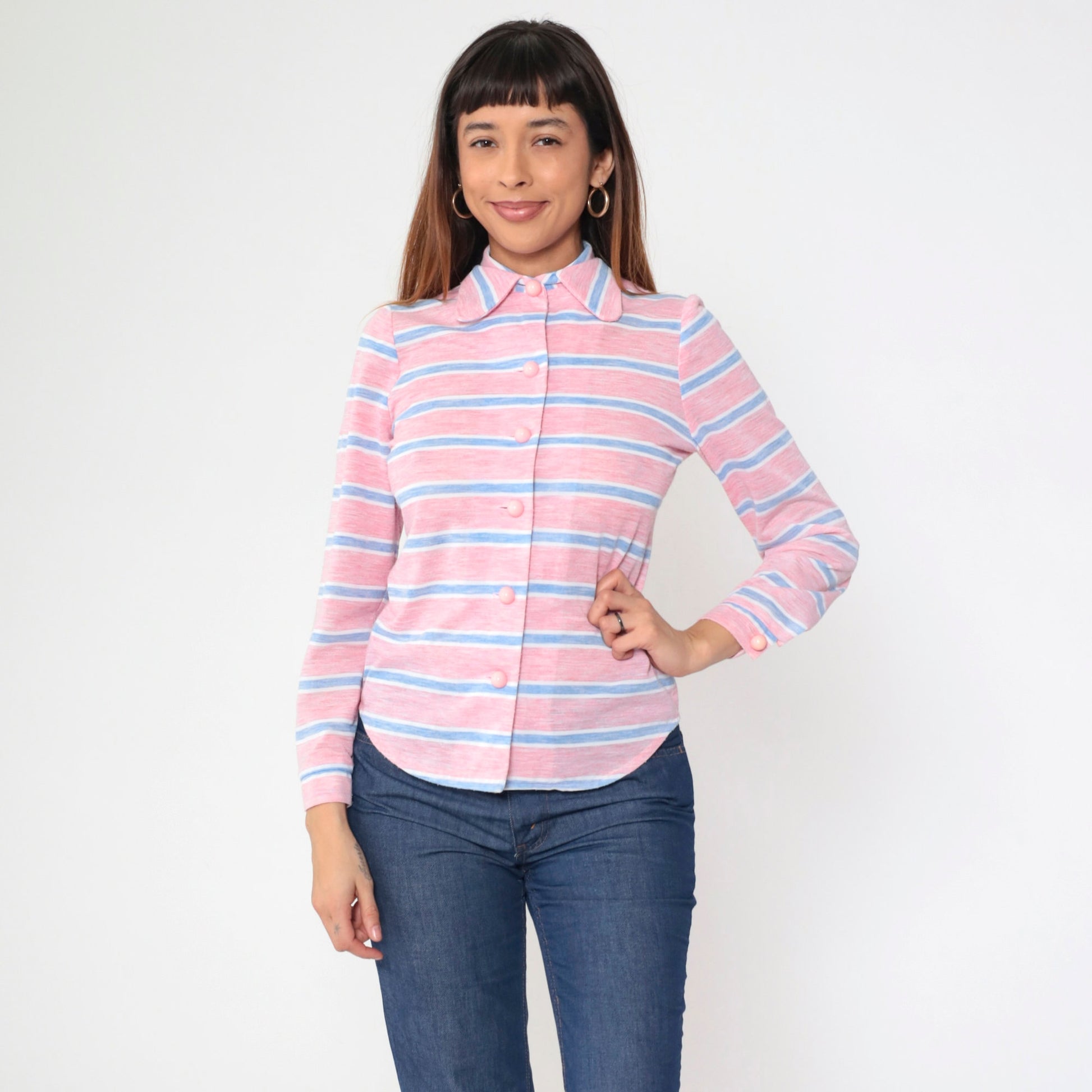 70s Pink Striped Shirt Dog Ear Collar Long Sleeve Button Up Small