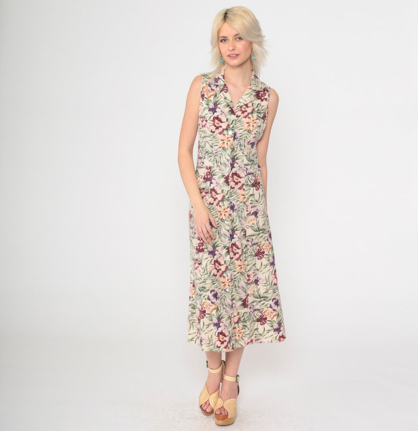 90s Tropical Floral Silk Midi Dress Cream Button-Front Sleeveless Small