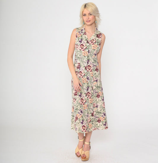 90s Tropical Floral Silk Midi Dress Cream Button-Front Sleeveless Small
