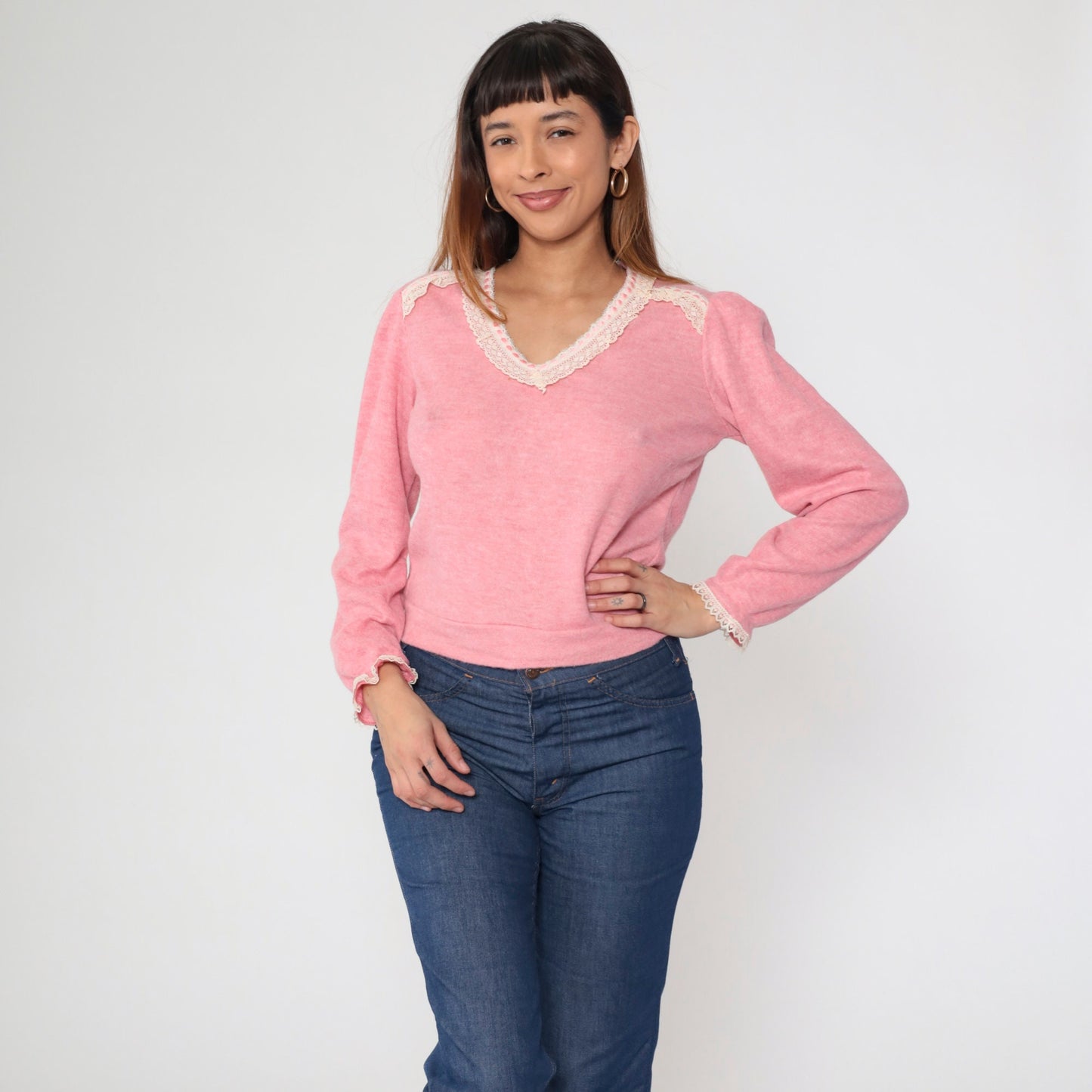 80s Pink Lace Trim V-Neck Sweater Top Long Sleeve Knit Blouse Small