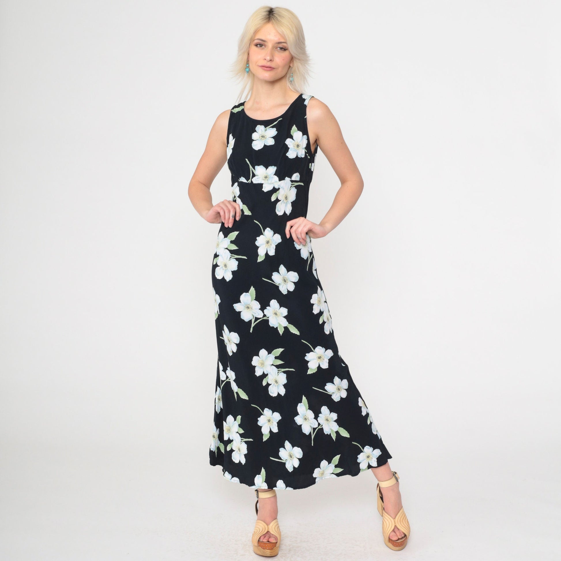 90s All That Jazz Black Floral Maxi Dress Empire Waist Scoop Neck Small