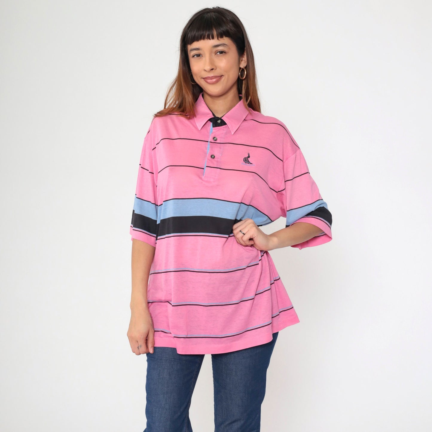 80s Santa Anita Park Peacock Polo Shirt Pink Striped Button Up Extra Large XL
