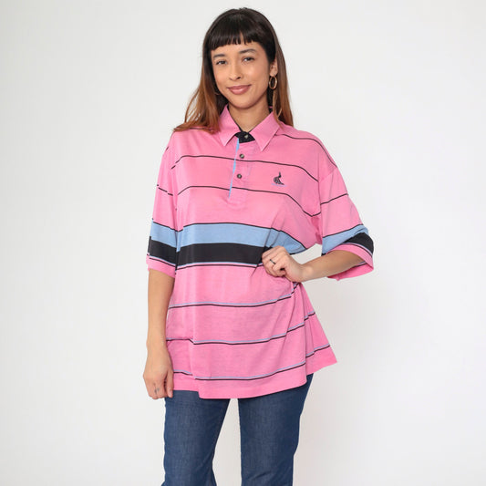 80s Santa Anita Park Peacock Polo Shirt Pink Striped Button Up Extra Large XL