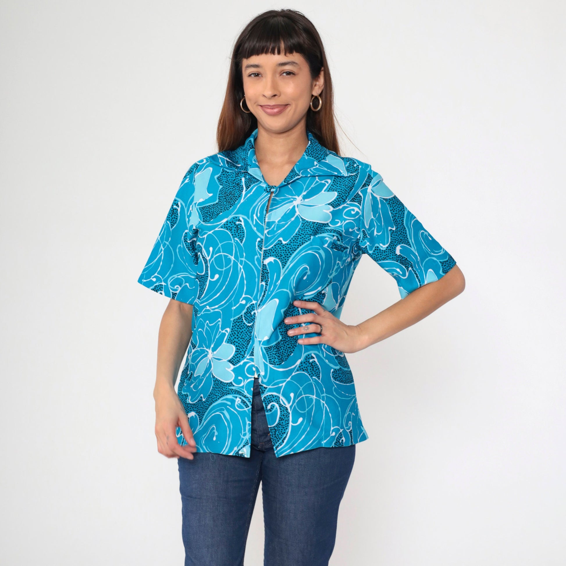70s Blue Floral Abstract Zip-Up Blouse Short Sleeve Medium Large