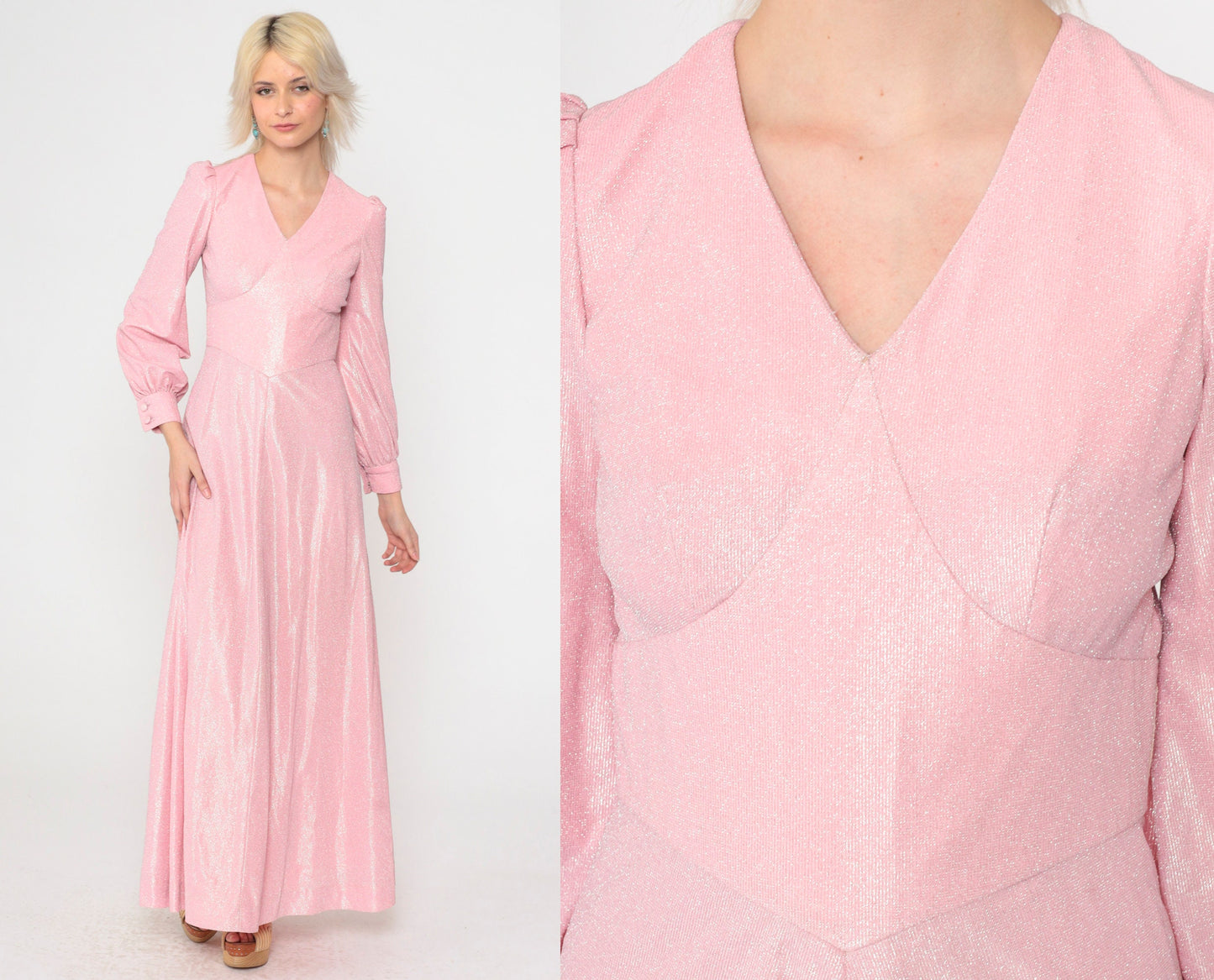 70s Metallic Baby Pink Maxi Dress Puff Sleeve V-Neck High Waist Extra Small