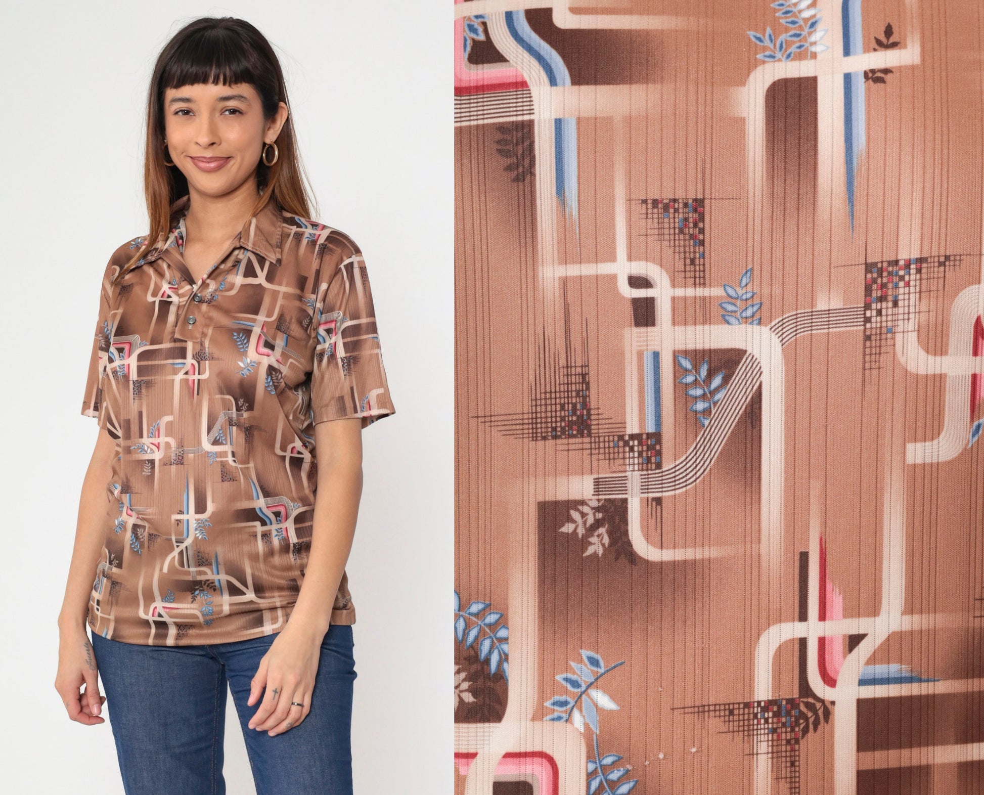 70s Geometric Psychedelic Polo Shirt Brown Dagger Collar Men's Medium Large