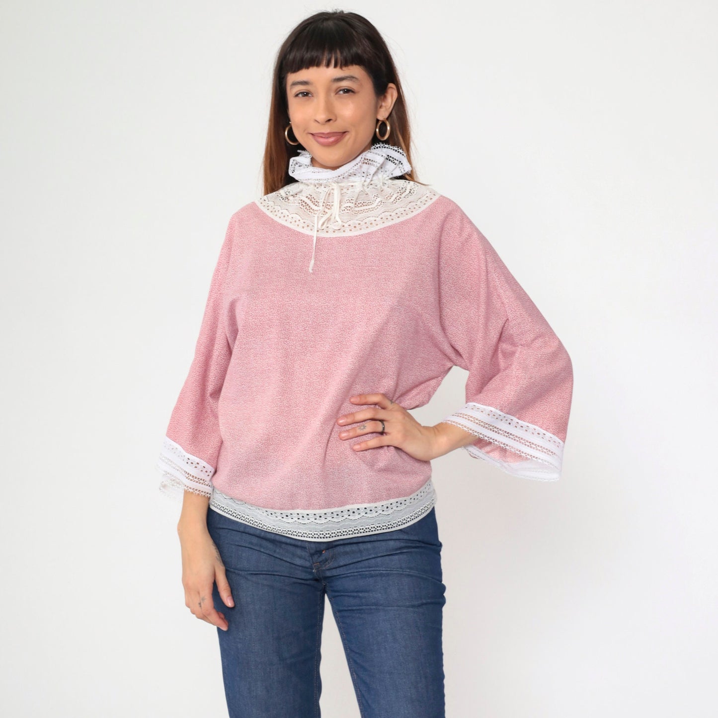 70s Pink Calico Floral Blouse Lace Ruffle Drawstring Neckline Wide Sleeve Medium