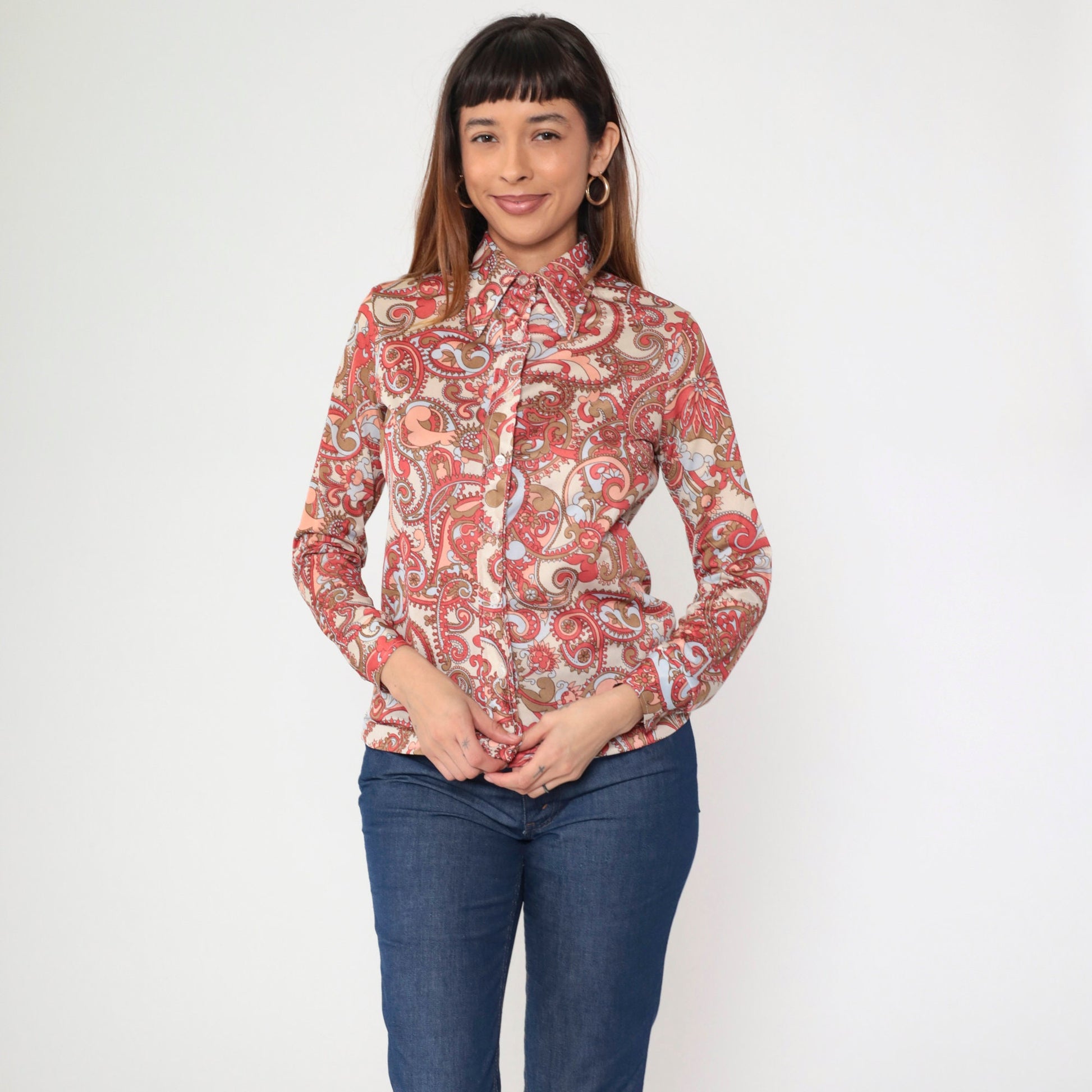 70s Paisley Dagger Collar Blouse Cream Coral Long Sleeve Button Up Small
