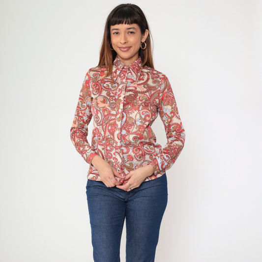 70s Paisley Dagger Collar Blouse Cream Coral Long Sleeve Button Up Small
