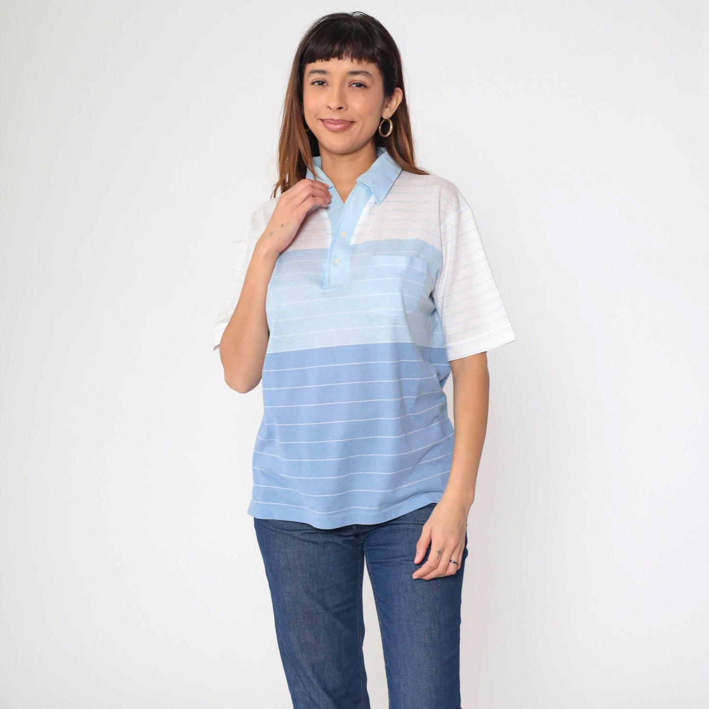 80s Arrow Tournament Striped Polo Shirt Blue White Half Button Medium