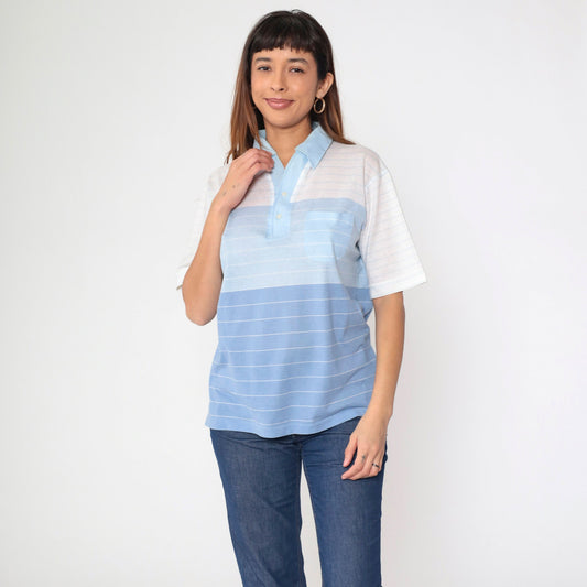 80s Arrow Tournament Striped Polo Shirt Blue White Half Button Medium