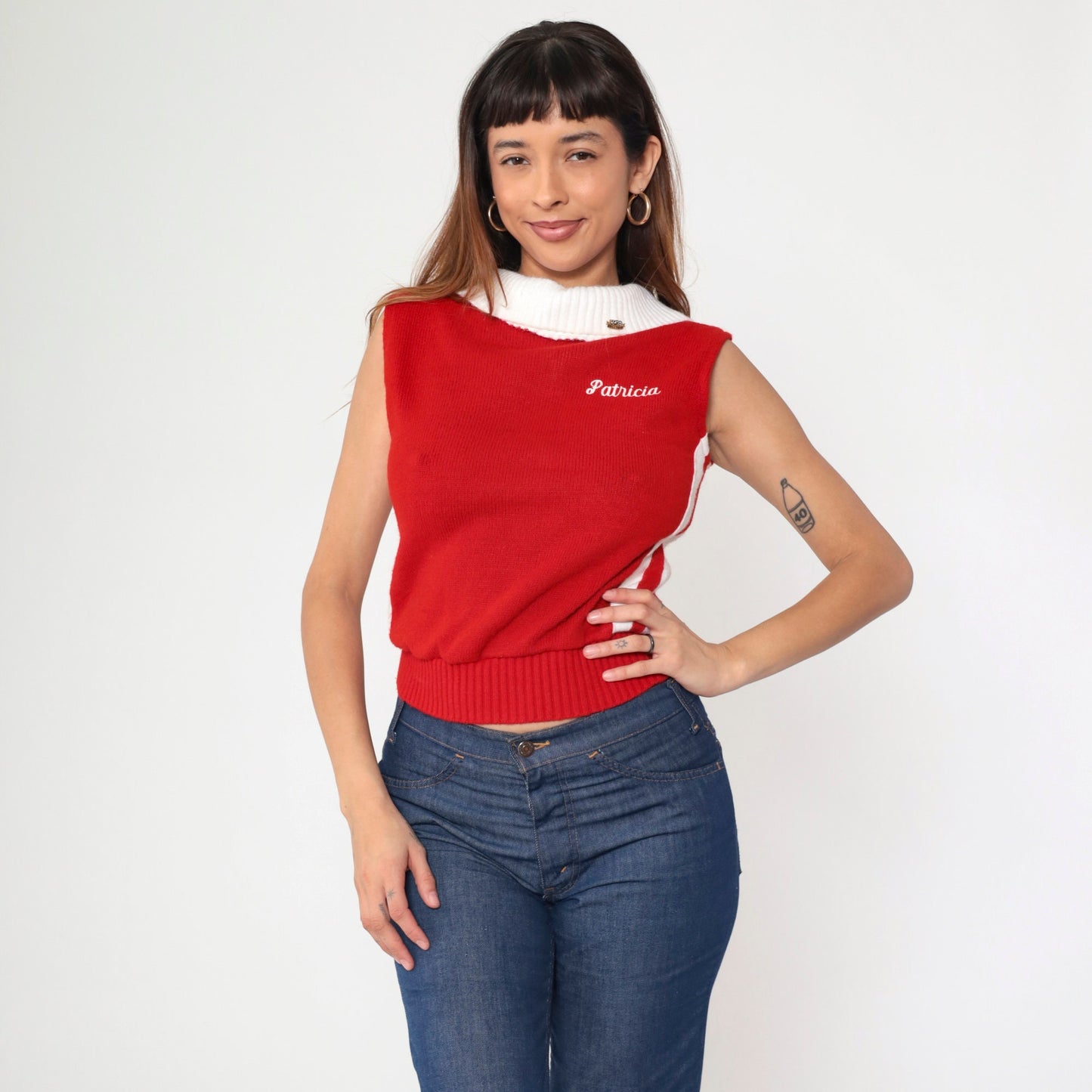 80s USA Drill Team Sweater Red Knit White Stripe Patricia Cheer Top Small