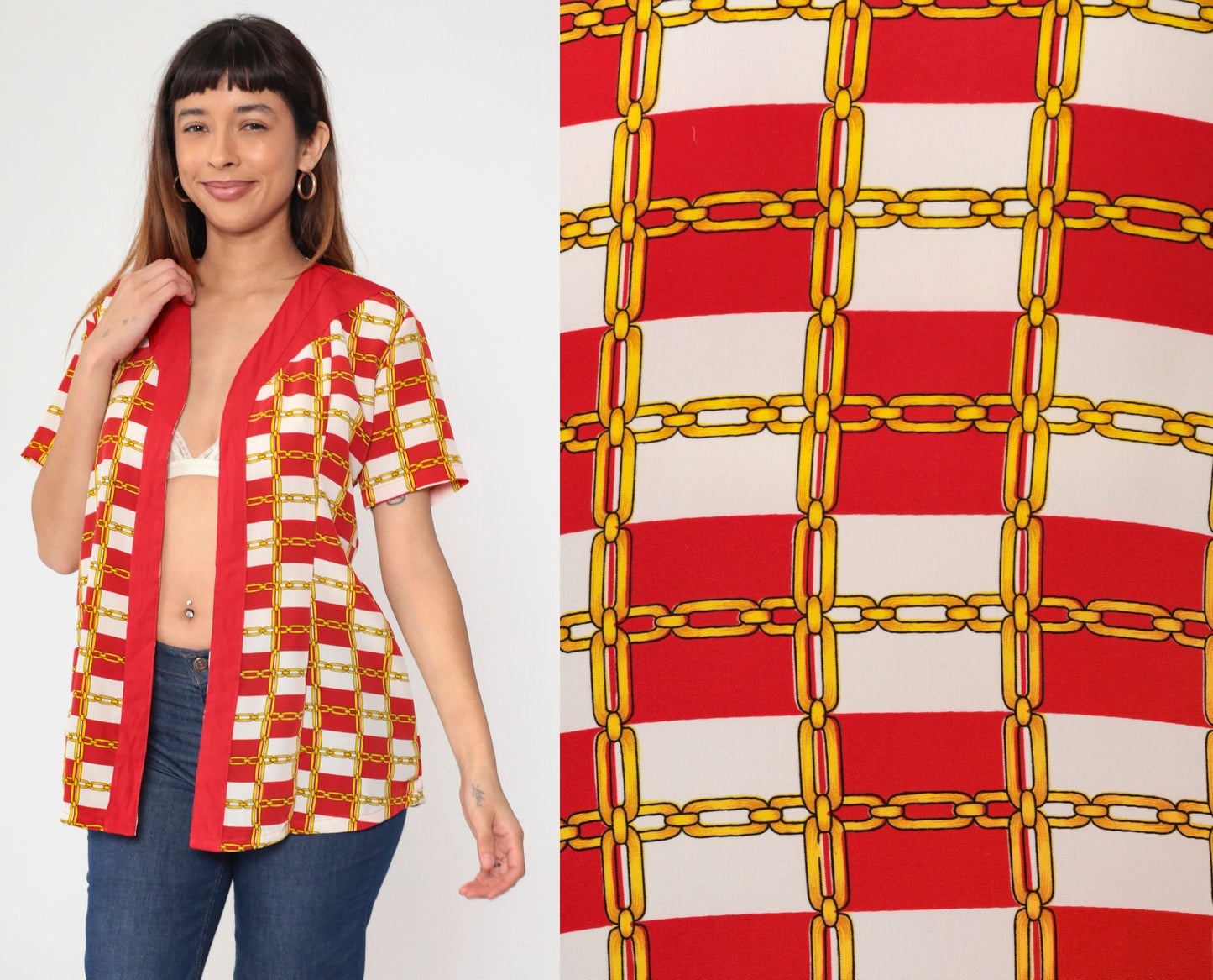 80s Chain-Link Red White Checkered Open Front Blouse Short Sleeve Small Medium