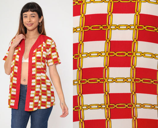 80s Chain-Link Red White Checkered Open Front Blouse Short Sleeve Small Medium