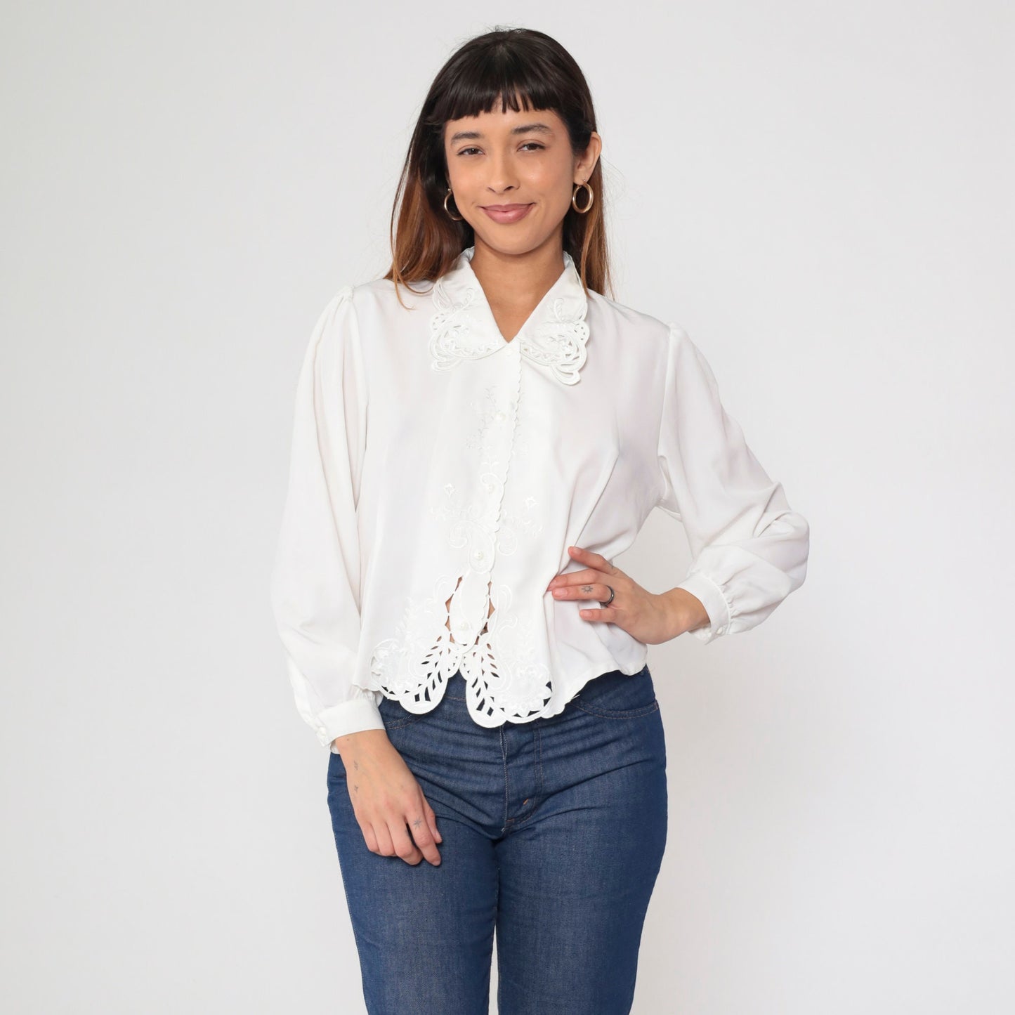 90s White Lace Blouse Paisley Floral Embroidery Cutout Puff Sleeve Button Up Medium