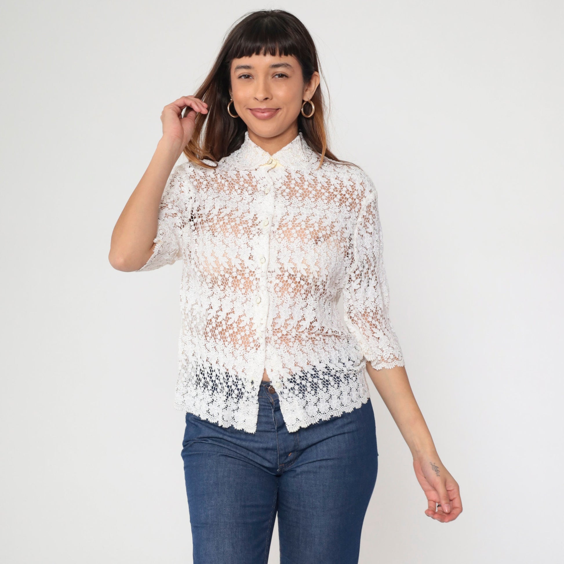 80s White Lace Blouse Peter Pan Collar Button-Up 3/4 Sleeve Small