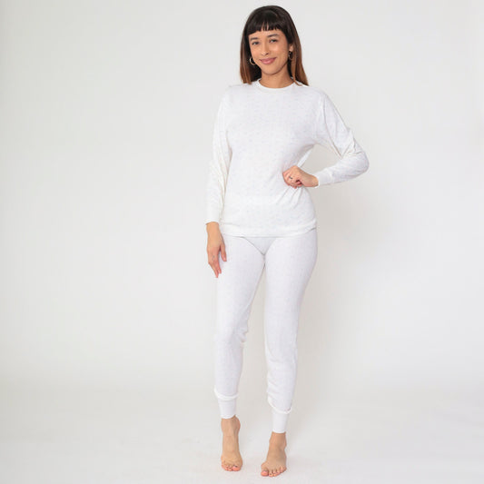 80s Thermal Pajama Set White Confetti Print Long Johns Two Piece Medium