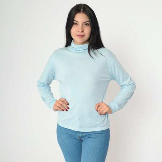 90s Baby Blue Turtleneck Long Sleeve Shirt Plain Vintage Medium