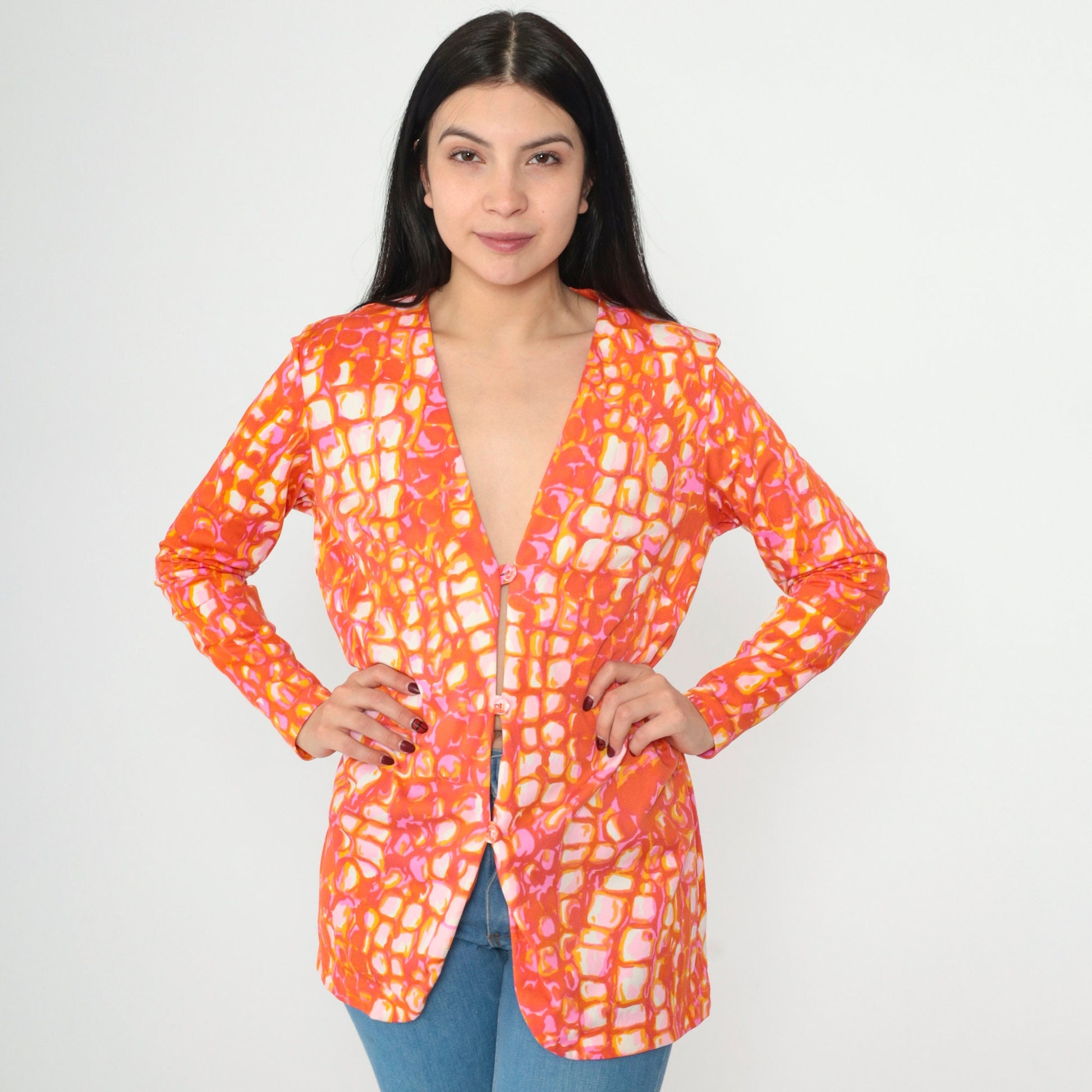 70s Cole of California Psychedelic Geometric Blazer V-Neck Orange Pink Medium