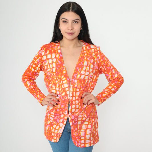 70s Cole of California Psychedelic Geometric Blazer V-Neck Orange Pink Medium
