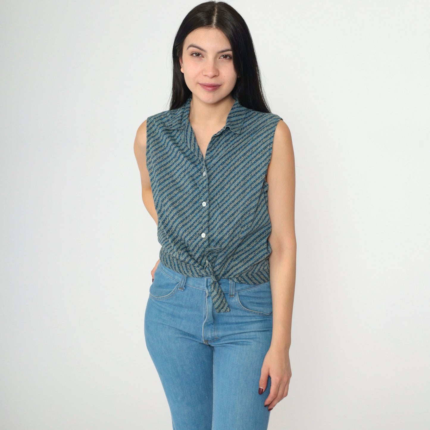 Y2K Blue Paisley Striped Tie-Waist Sleeveless Collared Shirt Cotton Medium