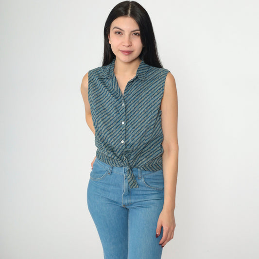 Y2K Blue Paisley Striped Tie-Waist Sleeveless Collared Shirt Cotton Medium