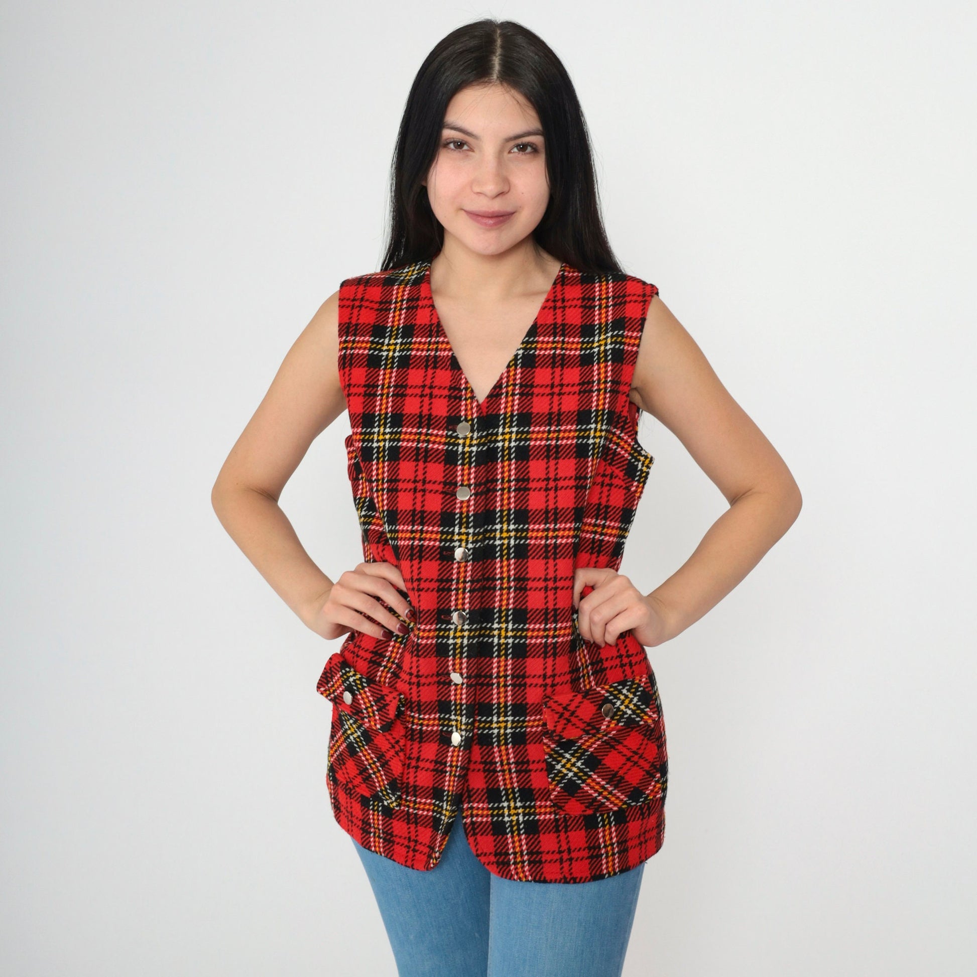 1960s Red Black Plaid Button Vest V-Neck Sleeveless Tartan Small