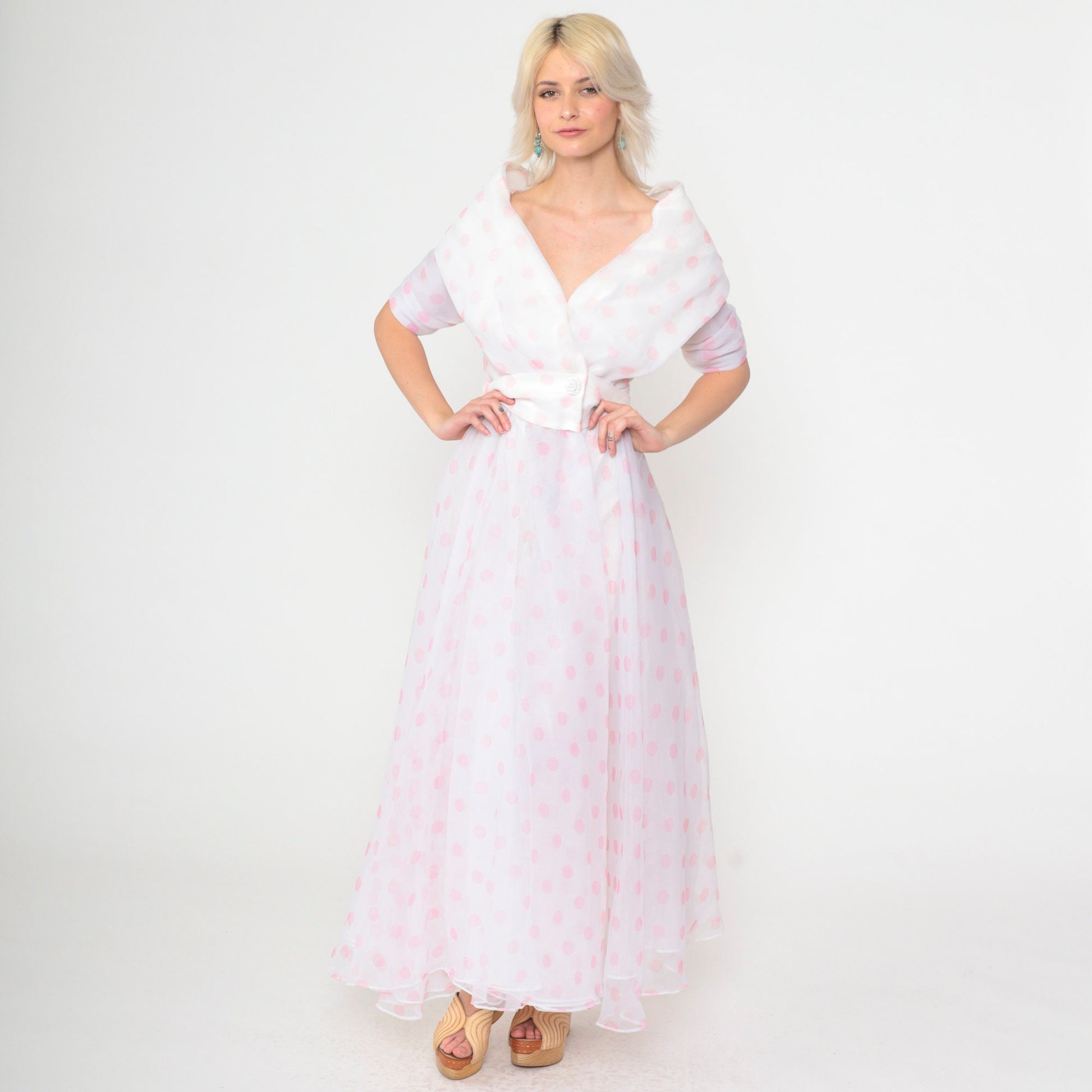 90s White Polka Dot Chiffon Maxi Dress Portrait Collar Pink Small 4