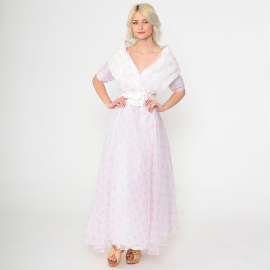 90s White Polka Dot Chiffon Maxi Dress Portrait Collar Pink Small 4