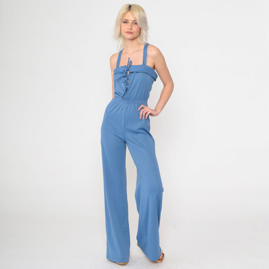 70s Blue Lace-Up Jumpsuit Bell Bottom Tank Straps Criss-Cross Extra Small