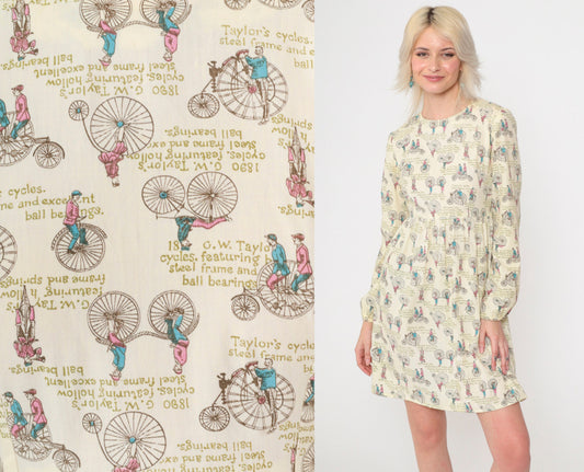 70s Mini Dress Antique Bicycle Print High Waist Long Sleeve Extra Small