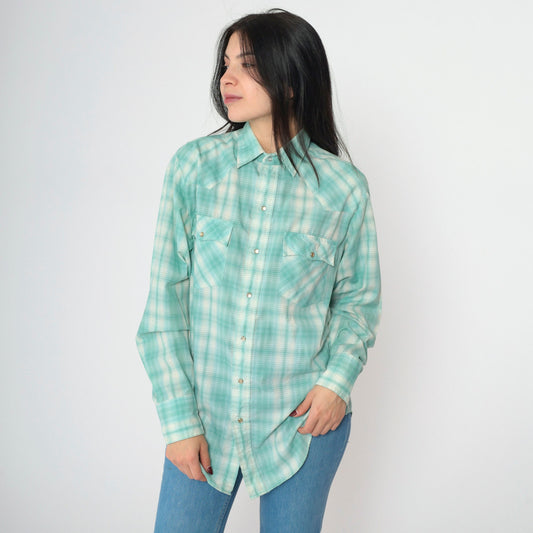 90s Mervyn's Western Shirt Seafoam Plaid Pearl Snap Men's Medium