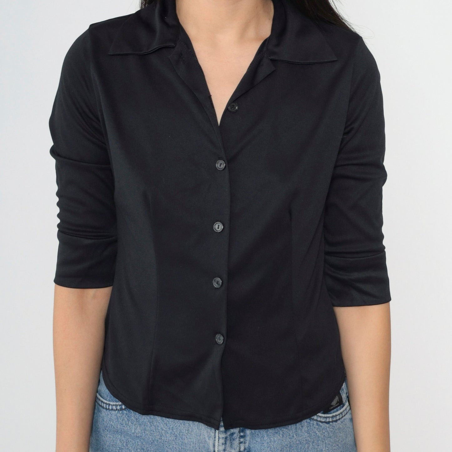 90s Black Button-Up Blouse Half Sleeve Collared Shirt Extra Small