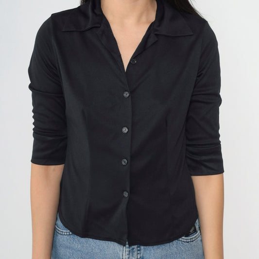 90s Black Button-Up Blouse Half Sleeve Collared Shirt Extra Small