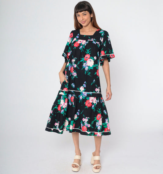 90s Black Floral Midi Dress Puff Sleeve Tent Cut Square Neckline Medium
